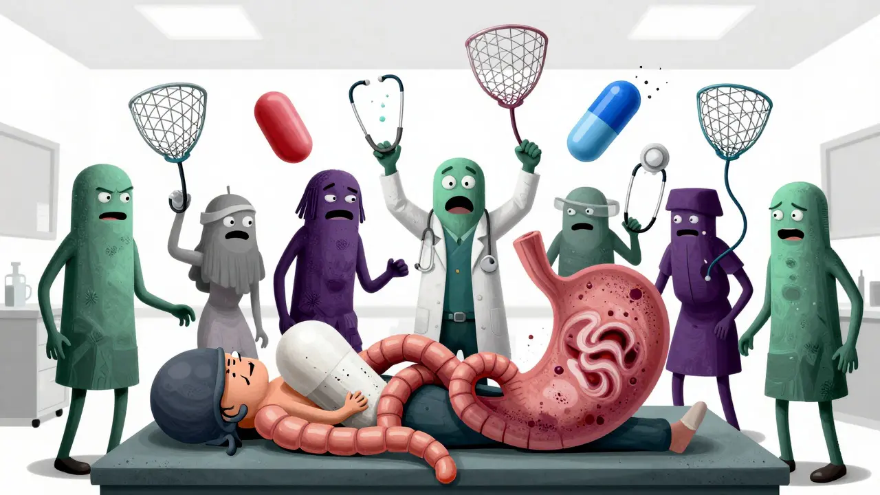 Une équipe médicale jonglant avec des pilules monstrueuses représentant les effets secondaires.